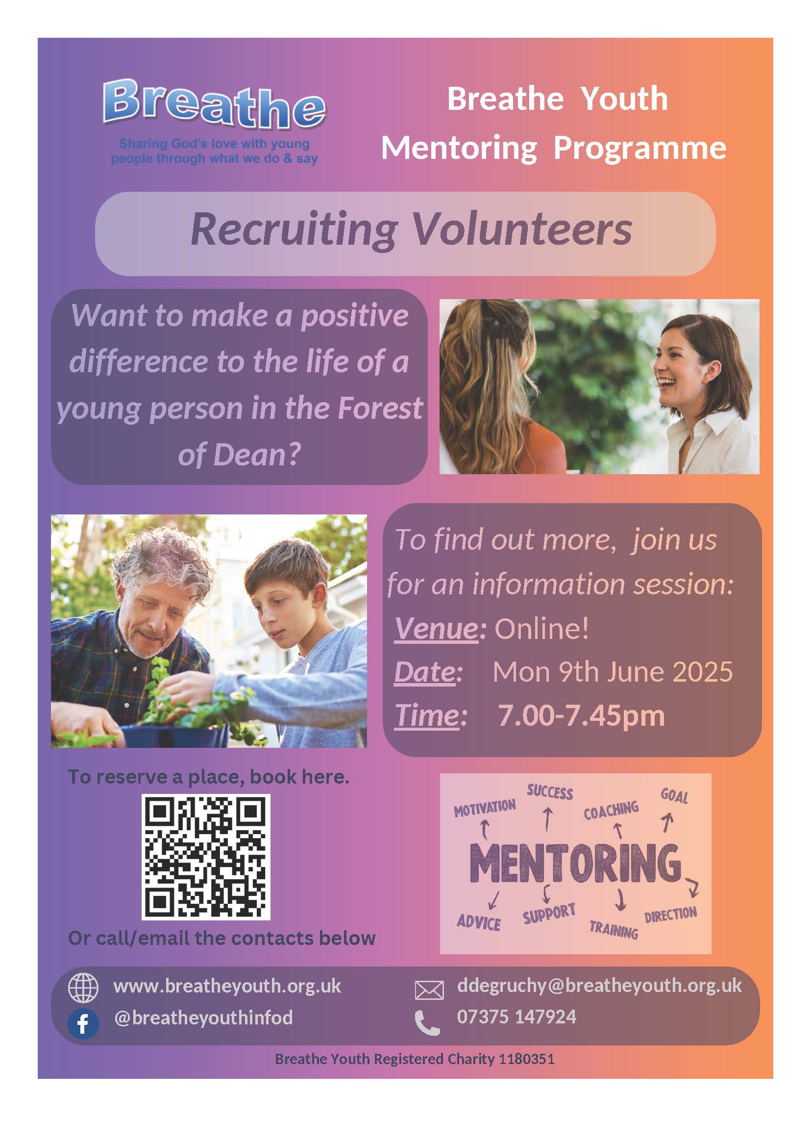 Breathe Youth Mentoring Programme Recruiting Volunteers. Online info session 9th June at 7pm. Phone 07375 147924 or email ddegruchy@breatheyouth.org.uk